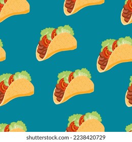 Tacos with meat and vegetable. Traditional mexican fast-food. Taco Mexico food with tortilla, leaves lettuce, cheese, tomato, forcemeat, sauce. Isolated white background. EPS10 vector illustration.