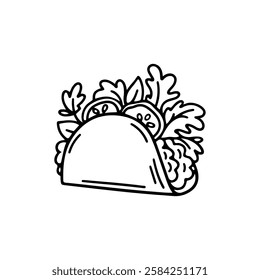 Tacos with meat and vegetables doodle illustration. Traditional Mexican delicious food. Flatbread with filling. Hand drawn Vector outline illustration.