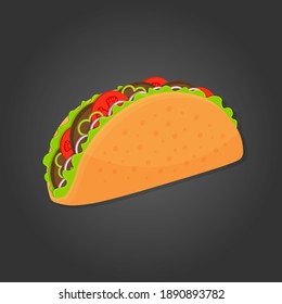 Tacos with meat and vegetables. Traditional Mexican fast food. Taco Mexico food with tortilla, lettuce, cheese, tomatoes.Isolated yf against dark background. EPS10 vector illustration.