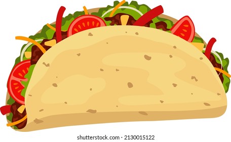 Tacos with meat and vegetables. Traditional Mexican food. The isolated image on a white background. Vector illustration.