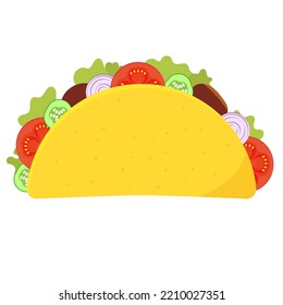 Tacos with meat and vegetables. Traditional Mexican fast food. Taco mexican food with tortilla, lettuce, cheese, tomato, minced meat, sauce. Isolated white background. EPS10 vector illustration.