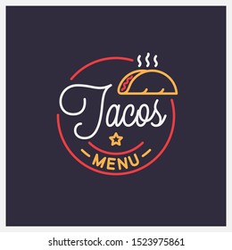 Tacos menu logo. Round linear logo of taco salad on black background