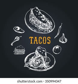 Tacos menu in vector. Burritos, nachos, tacos illustrations. Vintage hand drawn Mexican quick meals collection. Snack bar, fast-food restaurant icons.