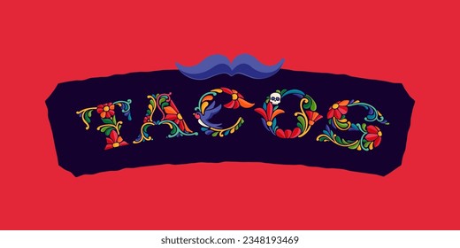 Tacos Mexican Cuisine Logo with colorful and ornate ethnic pattern. Traditional Aztec leaves and flowers embroidery ornament. Vector design template for folk Spanish food, holidays, carnival, party.