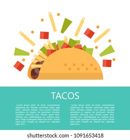 Tacos. Mexican delicious fast food in corn tortillas. Salad, meat, tomato, French fries. Sauce and lemon. Vector illustration in flat style. There is room for text. The template menu.