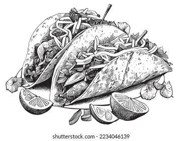 Tacos mexican food hand drawn engraving sketch Restaurant business concept Vector illustration.