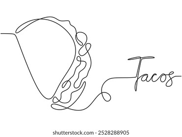 Tacos Mexican Food in one continuous line drawing. Traditional local food concept. Vector illustration minimalist isolated on white background.