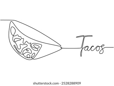 Tacos Mexican Food in one continuous line drawing. Traditional local food concept. Vector illustration minimalist isolated on white background.