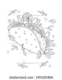 Tacos Mexican food sandwich with minced pork burger, tortilla wrapped, vegetables vector illustration for coloring book page
