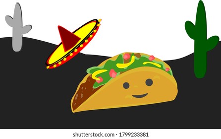 Tacos and mexican hat And cactus Street food mexican lunch dinner vector illustration