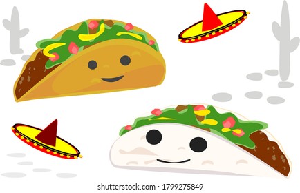 Tacos and mexican hats And cactus Street food mexican lunch dinner vector illustration