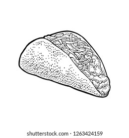 Tacos - mexican traditional food. Vector black vintage engraved illustration for menu, poster, web. Isolated on white background