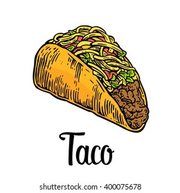 Tacos - mexican traditional food. Vector vintage engraved illustration for menu, poster, web. Isolated on white background