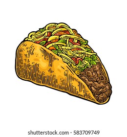 Tacos - mexican traditional food. Vector color vintage engraved illustration for menu, poster, web. Isolated on white background