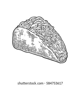 Tacos - mexican traditional food. Vector black vintage engraved illustration for menu, poster, web. Isolated on white background