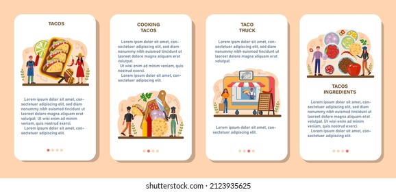 Tacos mobile application banner set. Traditional mexican fast-food with meat and vegetable. Tortilla with different toppings: lettuce leave, cheese, tomato, forcemeat, sauce. Flat vector illustration