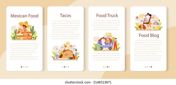 Tacos mobile application banner set. Traditional mexican fast-food with forcemeat and vegetable. Tortilla with different topping. Cooking recipe or delivery. Flat vector illustration