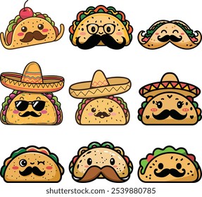 Tacos With Moustache Cute Illustration Set, Funny food concept. Mexico stereotype drawing. 