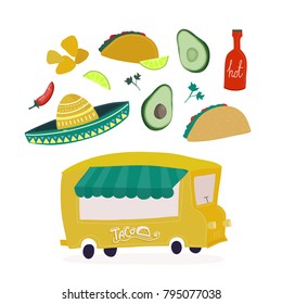 Tacos, nachos, avocados and hot sauce. Tacos food truck. Colored vector set. All elements are isolated