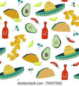 Tacos, nachos, avocados and hot sauce.  Colored vector seamless pattern