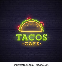 Tacos neon sign, bright signboard, light banner. Tacos logo, emblem