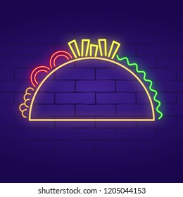Tacos neon sign on brick wall background. Light banner. Vector illustration