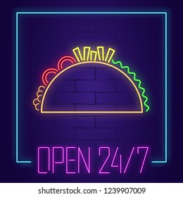 Tacos  neon sign with text OPEN 24/7 on brick wall background. Light banner. Vector illustration
