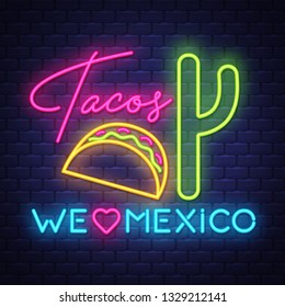 Tacos- Neon Sign Vector. Tacos -  Badge in neon style on brick wall background, design element, light banner, announcement neon signboard, night advensing. Vector Illustration