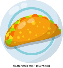 Tacos on a blue plate. National Mexican fast food in tortilla. Traditional Spicy meal with meat and vegetables. Cartoon flat illustration