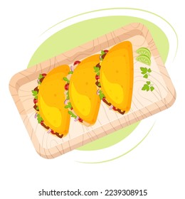 Tacos on the wood cutting board. Banner, poster, social media post template. Top view. Latin American cuisine.