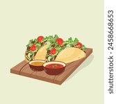 Tacos on a wooden board with sauces, a Mexican dish. Latin American food. Vector illustration.