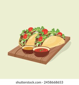 Tacos on a wooden board with sauces, a Mexican dish. Latin American food. Vector illustration.