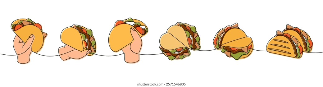 Tacos one line colored continuous drawing. Tacos tortilla with meat with vegetables. Vector linear illustration.