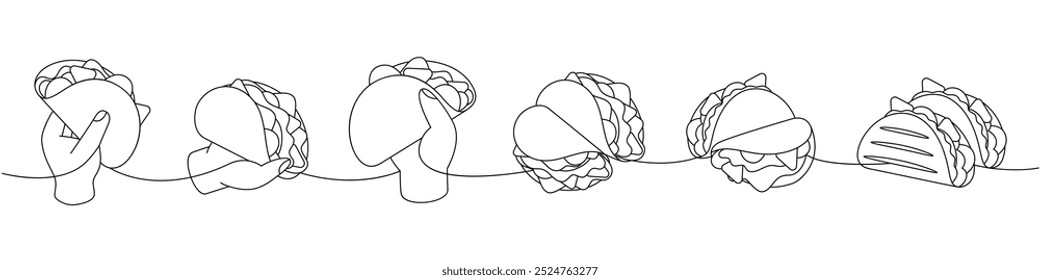 Tacos one line continuous drawing. Tacos tortilla with meat with vegetables. Vector linear illustration.