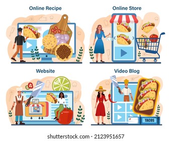 Tacos online service or platform set. Traditional mexican fast-food with meat and vegetable. Tortilla with different toppings. Online recipe, store, video blog, website. Flat vector illustration