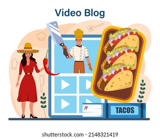 Tacos online service or platform. Traditional mexican fast-food with meat and vegetable. Tortilla with different toppings. Video blog. Flat vector illustration