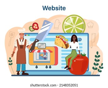 Tacos online service or platform. Traditional mexican fast-food with meat and vegetable. Tortilla with different toppings. Website. Flat vector illustration