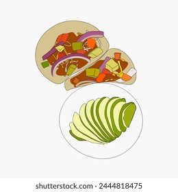 Tacos con elemento gráfico Cebollas en Escabeche y Ilustración vectorial de Aguacate. Fondo aislado. Icono del concepto Cinco de Mayo.