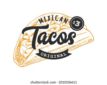 Tacos Retro Emblem. Logo template with black letters and yellow tacos sketch. EPS10 vector illustration.