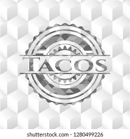 Tacos retro style grey emblem with geometric cube white background