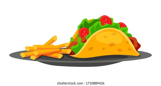 Tacos with salami and vegetable, french fires served on grey plate. Corn tortilla filled with sausages, lettuce, cooked beans and fried potato portion. Mexican fast food isolated on white background