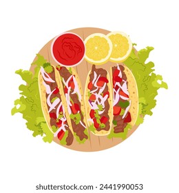 Tacos with sauce on a wooden board top view isolated on white background. Mexican food.