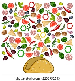Tacos with sausage and vegetables. Traditional mexican fast-food. Taco Mexico food with tortilla, leaves lettuce, cheese, tomato, forcemeat, sauce. Isolated white background.