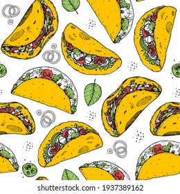 Tacos nahtloses Muster, handgezeichnete Illustration. mexikanische Küche. Schnelles Menü-Design. Tacos handgezeichnet. mexikanisches Essen.