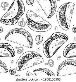 Tacos seamless pattern, hand drawn illustration. Mexican cuisine. Fast food menu design. Tacos hand drawn. Mexican food.