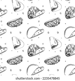 Tacos seamless pattern, hand drawn illustration. Mexican cuisine. Fast food menu design. Tacos hand drawn. Mexican food. Design for fashion , fabric, textile, wallpaper, cover. Vector illustration.