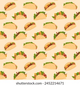 Tacos sin patrón. Fondo interminable de comida rápida mexicana. Carne a la parrilla con sándwich vegetal repetir la cubierta. Adorno de bucle de aperitivos de cocina tradicional. Ilustración plana de Vector.