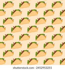 Tacos seamless pattern. Mexican fast food snack loop background. Vector flat illustration.