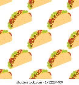 Tacos seamless pattern. Mexican taco in wheat tortillaon. Traditional tacos isolated on white background. Taco fast food. Vector illustration