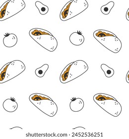 Tacos seamless pattern with tomato avocado doodle style. Hand drawn Mexican food background with line vegetables ingredients. Repeat vector illustration for wrapping paper